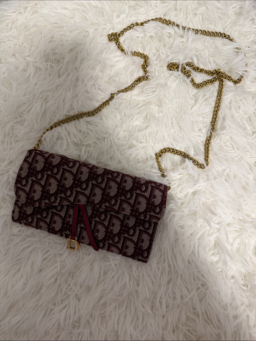 Dior Burgundy Oblique Chain Crossbody Bag with Gold-Tone Hardware